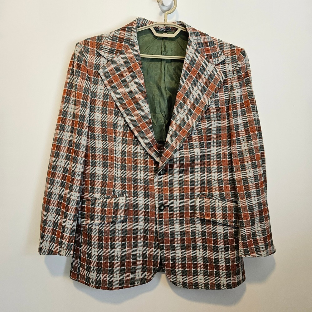 Vintage 70s Ivy Style Sports Coat Plaid Blazer Deconstructed Orange Green Miami